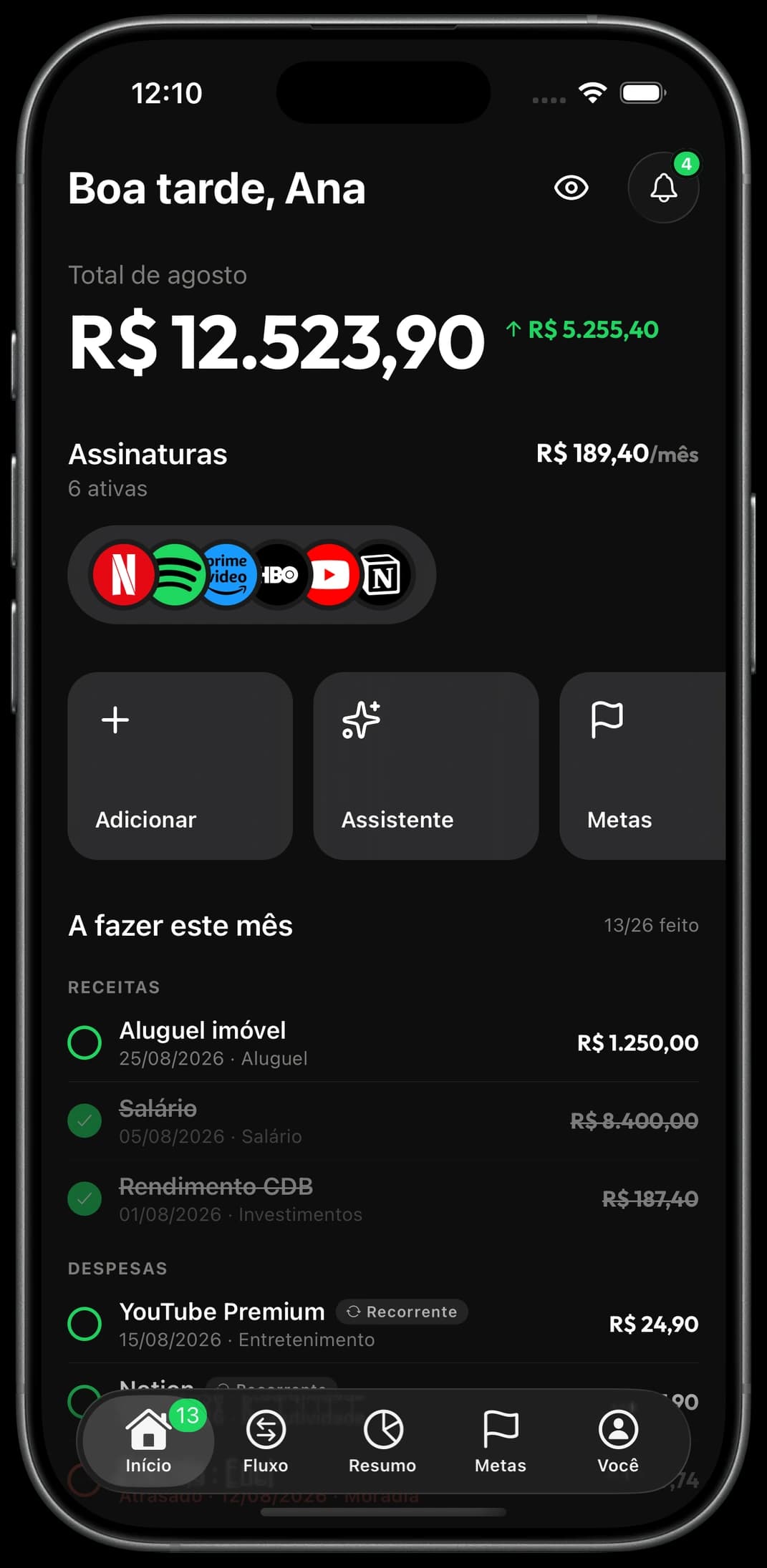 Tela inicial do LifeP: total do mês, assinaturas ativas e a lista de contas a fazer.