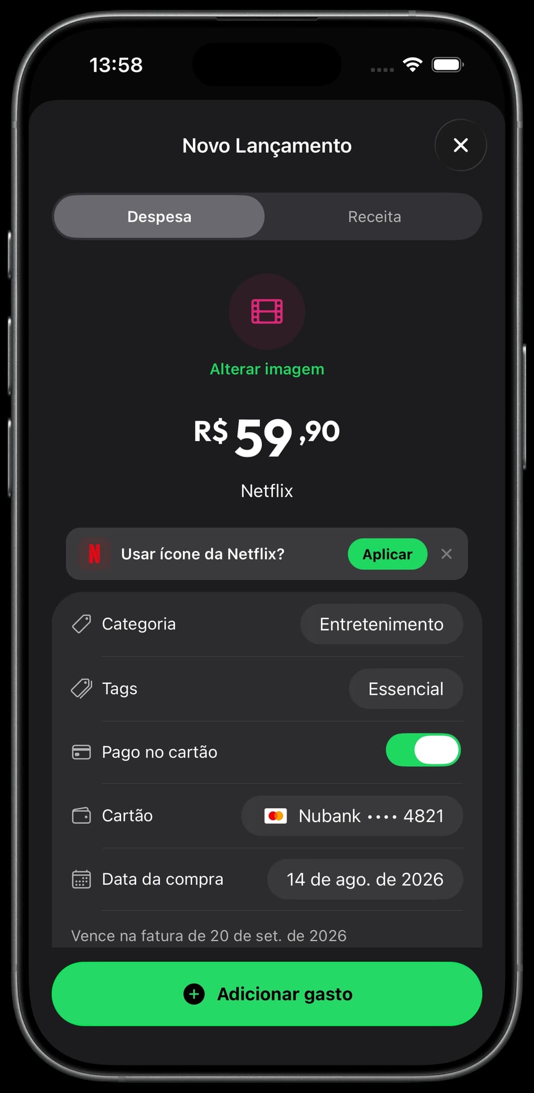 Tela de novo lançamento do LifeP, com sugestão do ícone da Netflix, categoria, cartão e data da compra.